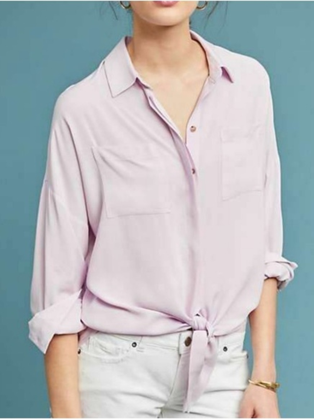 Maeve Anthropologie Lavender Purple Tie Front Button Down
Shirt Small Pocket Top